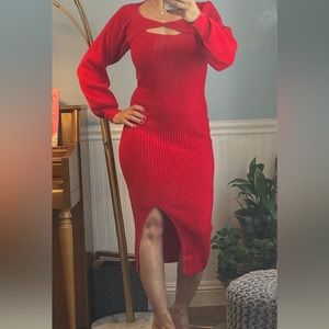 NWT VENUS DRESS. Ribbed, bodycon, midi, red dress, with small sweater.